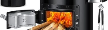 KESSER® Raketenofen mit Grillpfanne aus Gusseisen | inkl. Grillzange & Tragetasche | Dutch Oven 6 integrierte Spikes | BBQ Rakete Holzofen Camping Outdoor-Campingkocher Campinggrill Edelstahl Schwarz