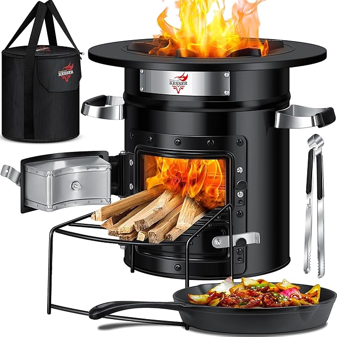 KESSER® Raketenofen mit Grillpfanne aus Gusseisen | inkl. Grillzange & Tragetasche | Dutch Oven 6 integrierte Spikes | BBQ Rakete Holzofen Camping Outdoor-Campingkocher Campinggrill Edelstahl Schwarz