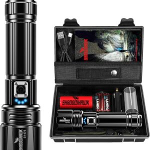 Shadowhawk Taschenlampe Led 500000 Lumen, Extrem Hell Taschenlampe USB Aufladbar Taktische Taschenlampen Mit holster XHP70.2, IP67 Wasserdicht 5 Lichtmodi
