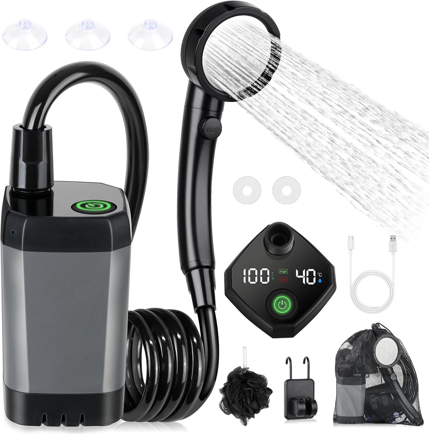 Spopal Campingdusche Tragbare, [6000mAh] Camping Dusche mit mit Pumpe und Temperaturanzeige, Camping Dusche Outdoor Set mit Duschkopf und 2M Schlauch